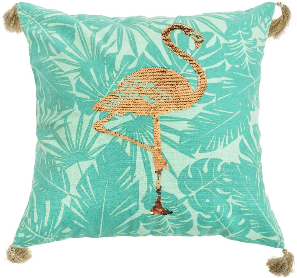 Chumbak Sequin Flamingo Tassel Throw Pillow